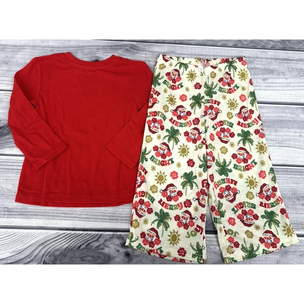 SANTA 0N HOLIDAY TROPICAL CHRISTMAS PAJAMAS SET Toddler Size 2T RED CREAM  NEW!!